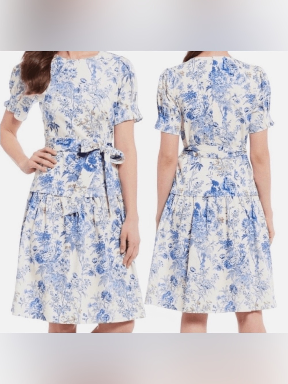 Antonio Melani Jesse Floral Print Puff Sleeve Dress in ivory and blue - Picture 2 of 10
